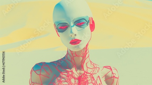 Cyber female robot android with  lifeless brown desert dune backdrop  minimal futuristic fashion model  smooth artificial skin  bald head  exaggerated humanoid features. Surreal cyberpunk portrait.