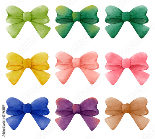 Colorful ribbon watercolor illustration isolated on a white background. Red gift bow. Watercolor drawing.
