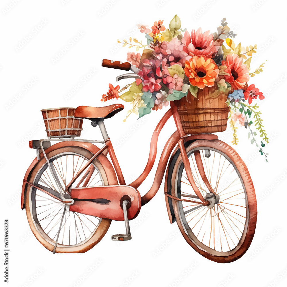 bicycle basket flower retro vintage bike watercolor floral romantic beautiful design illustration