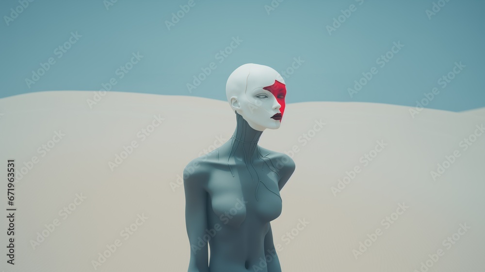 Obraz premium Cyber female robot android with lifeless brown desert dune backdrop, minimal futuristic fashion model, smooth artificial skin, bald head, exaggerated humanoid features. Surreal cyberpunk portrait.