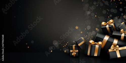 Black Friday. Cyber Monday. Gift boxes with golden ribbon on black background with copy space for text. Generative ai