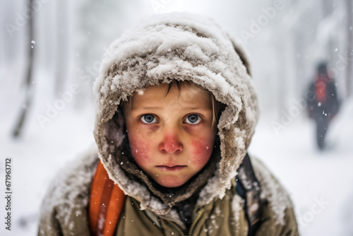Cold Gaze: Boy Amidst Winter Snowstorm
