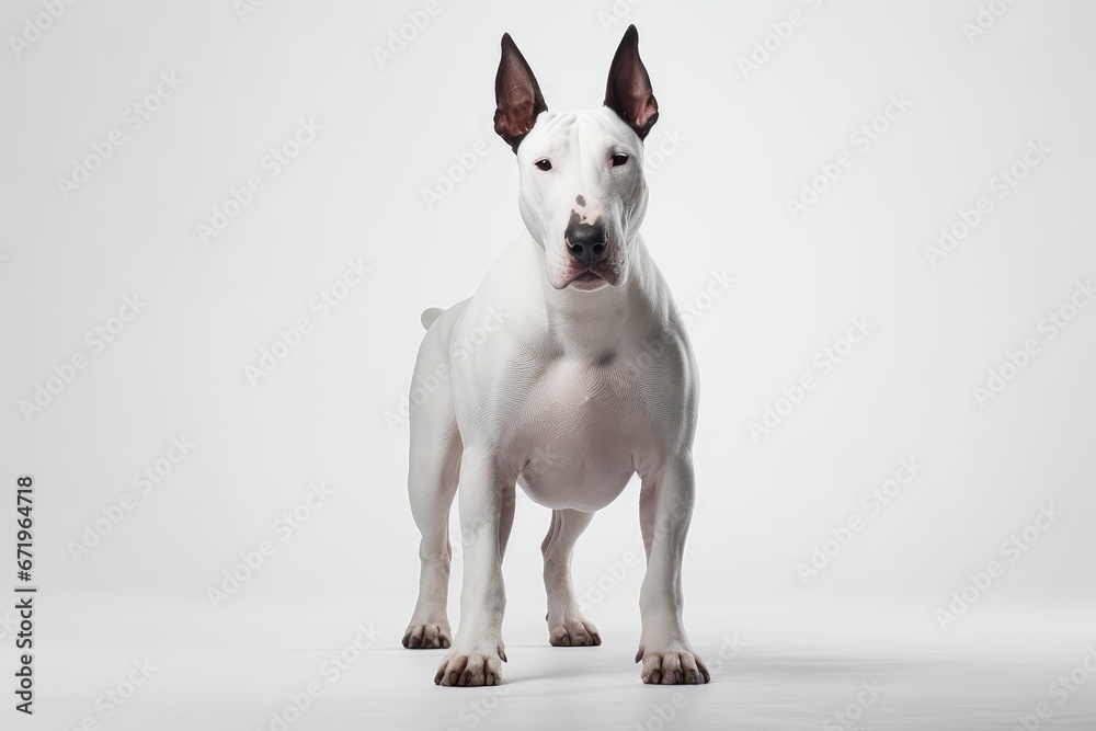 Photo of a confident Bull Terrier in a bold pose against a clean white background. Generative AI