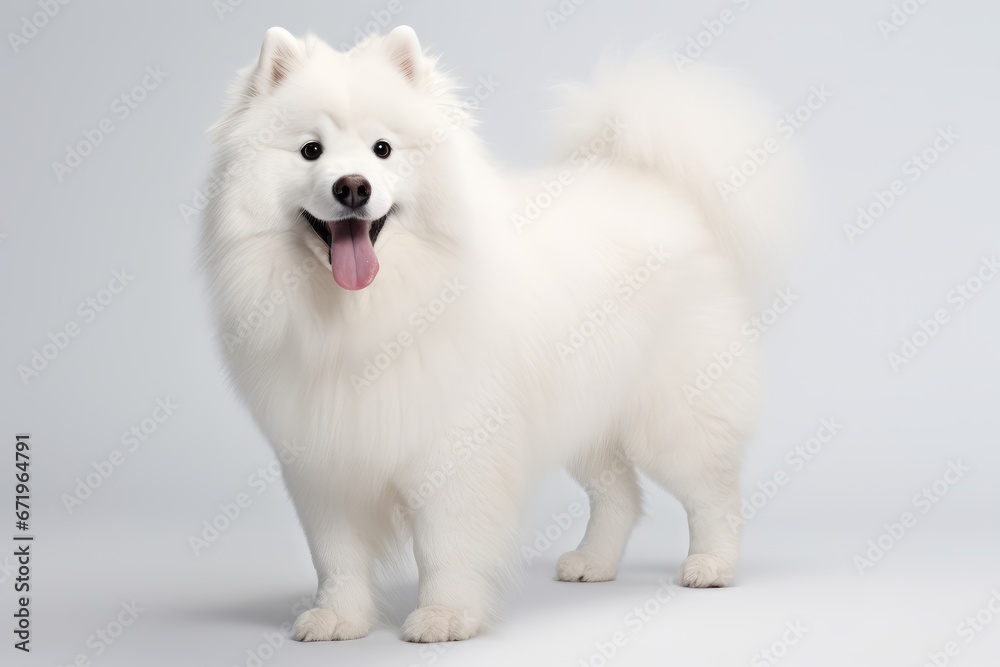 Photo of a confident Samoyed dog with a fluffy white coat against a clean white surface. Generative AI