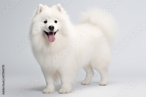 Photo of a confident Samoyed dog with a fluffy white coat against a clean white surface. Generative AI © Aditya