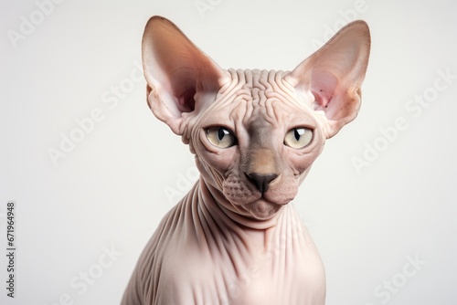 Photo of a contented Sphynx cat with its hairless skin against a clean white backdrop. Generative AI
