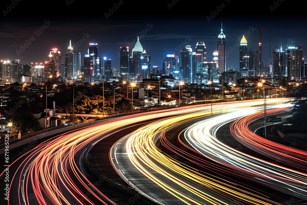 Fototapeta premium Bangkok Byway: Curvy Highway and Cityscape Night Scene with Dynamic Motion Blur
