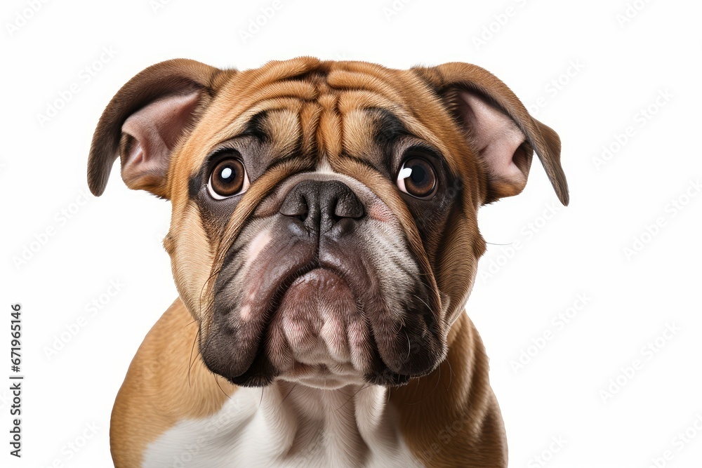Photo of a curious Bulldog with its characteristic wrinkled face on a clean white backdrop. Generative AI