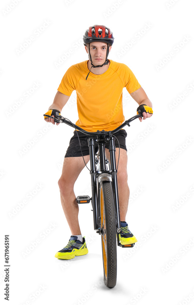 Young man in helmet riding modern bicycle on white background Young man in helmet riding modern bicycle on white background