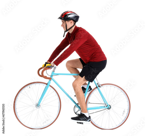 Young man in helmet riding modern bicycle on white background © Pixel-Shot
