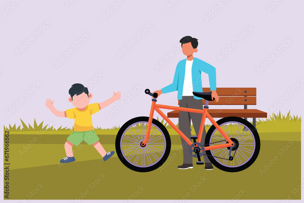 Happy Parents with his child riding bike together. Outdoor leisure activities concept. Colored flat vector illustration isolated. Happy Parents with his child riding bike together. Outdoor leisure activities concept. Colored flat vector illustration isolated.