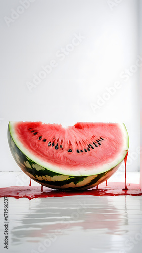 Contrast and Surrealism: Watermelon on a Clean White Room Floor with Dripping Blood

