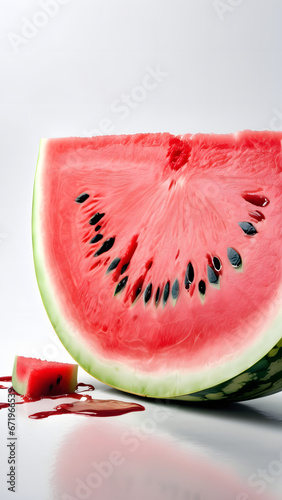 Contrast and Surrealism: Watermelon on a Clean White Room Floor with Dripping Blood

