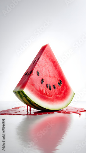 Contrast and Surrealism: Watermelon on a Clean White Room Floor with Dripping Blood
