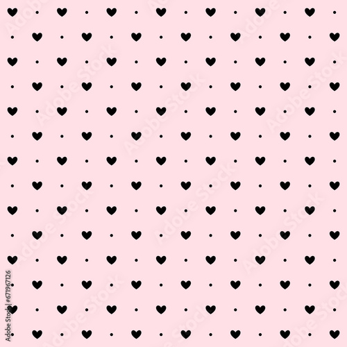 Pink black hearts and dots seamless pattern. Valentines polka dot repeating background. Heart-shaped decorative texture for textile, fabric, cover, poster, banner, print, invitation. Vector wallpaper