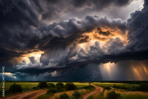 At sunset, a stormy sky with magnificent clouds caused by an impending thunderstorm