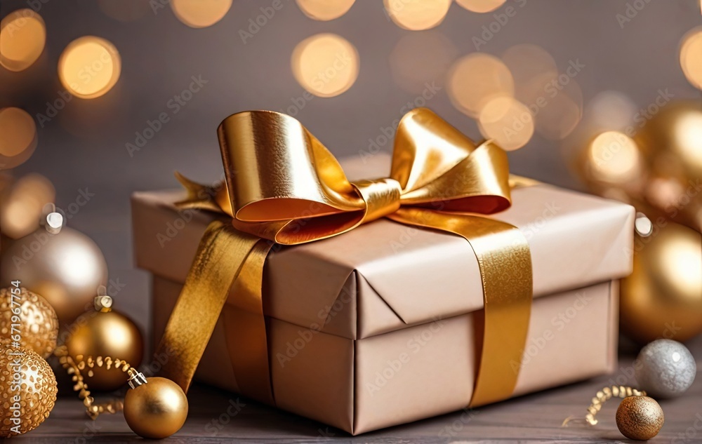 Christmas gift box with golden bow and decoration on bokeh background Christmas gift box with golden bow and decoration on bokeh background
