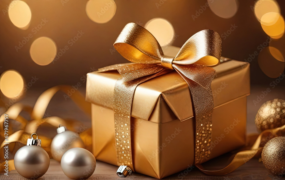 Christmas gift box with golden bow and decoration on bokeh background Christmas gift box with golden bow and decoration on bokeh background