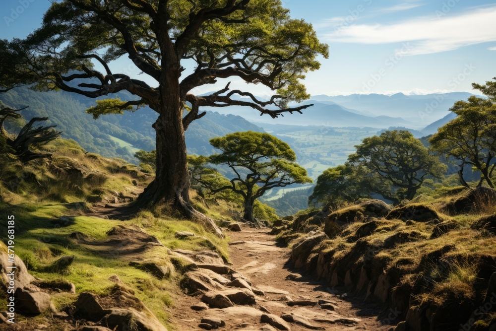 Hiking trail ascending a tree-lined hill with a view of the valley, Generative AI Hiking trail ascending a tree-lined hill with a view of the valley, Generative AI