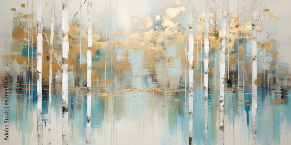 Abstract art acrylic oil painting of forest birch trees with gold details, reflection on water