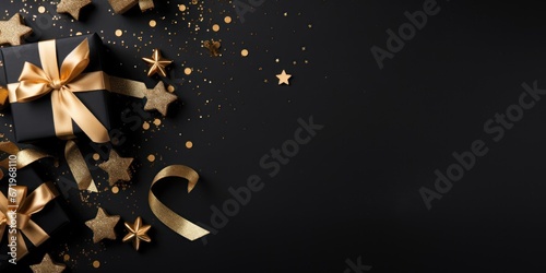 Black Friday. Cyber Monday. Gift boxes with golden ribbon on black background with copy space for text. Generative ai