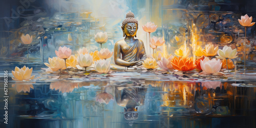 painting of buddha and colorful flowers