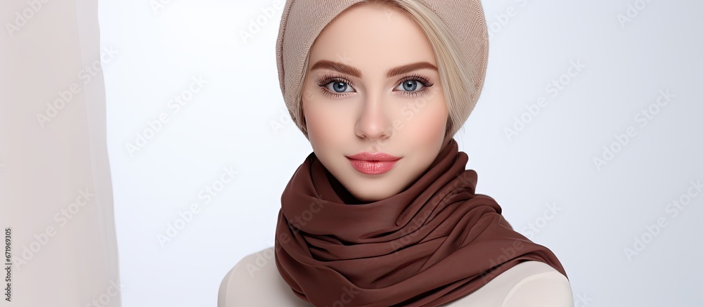 An attractive young lady wearing a scarf who is standing alone against a white background An attractive young lady wearing a scarf who is standing alone against a white background