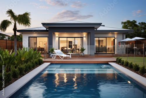 Beautiful and modern Australian house with pool and grass lawn © Kien