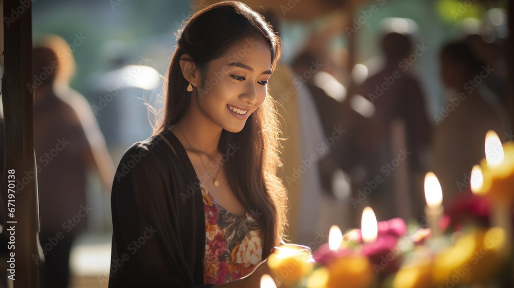 Portrait of Thai girl, Asian girl smiling happily with community background.
