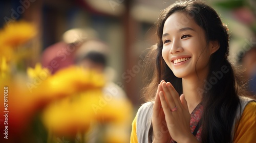 Portrait of a beautiful Thai girl paying respects, an Asian girl smiling happily with a community background. photo