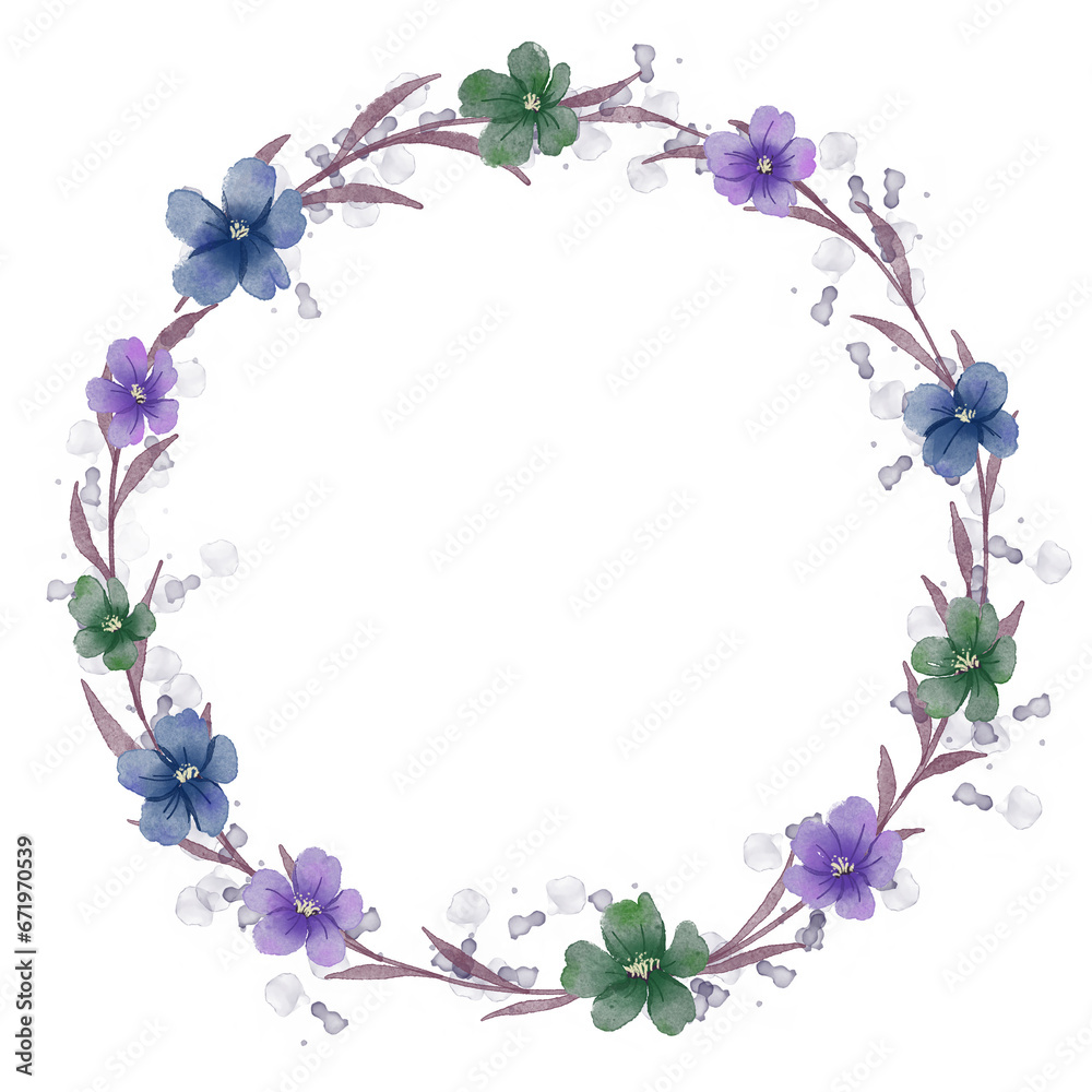 Vintage aesthetic blue purple green watercolor flower wreath borders frame with little alcohol ink stain