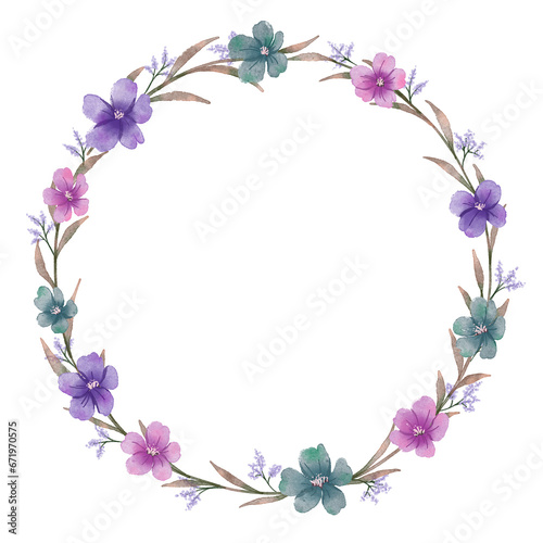 Vintage aesthetic blue purple pink watercolor flower wreath borders frame