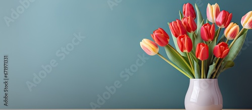 Arrangement of tulips inside a decorative container