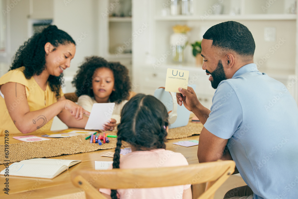 Parents, children and home education for learning, reading and support of knowledge together. Mom, dad and helping kids with homeschool, project and teaching language development with alphabet card Parents, children and home education for learning, reading and support of knowledge together. Mom, dad and helping kids with homeschool, project and teaching language development with alphabet card