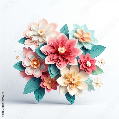 3d rendering paper craft colorful flowers on a white background. 