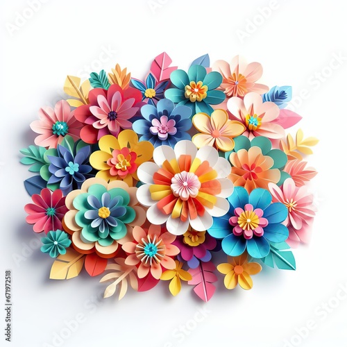 3d rendering paper craft colorful flowers on a white background.	