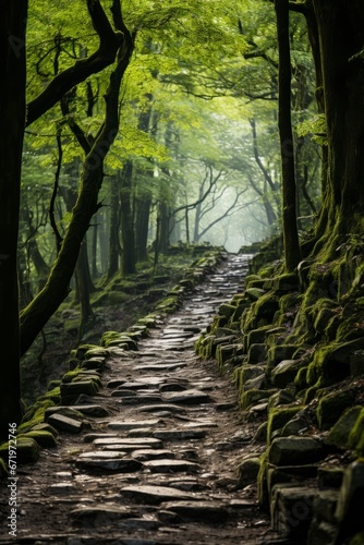 Forest trail with a canopy of trees leading up a hill  Generative AI