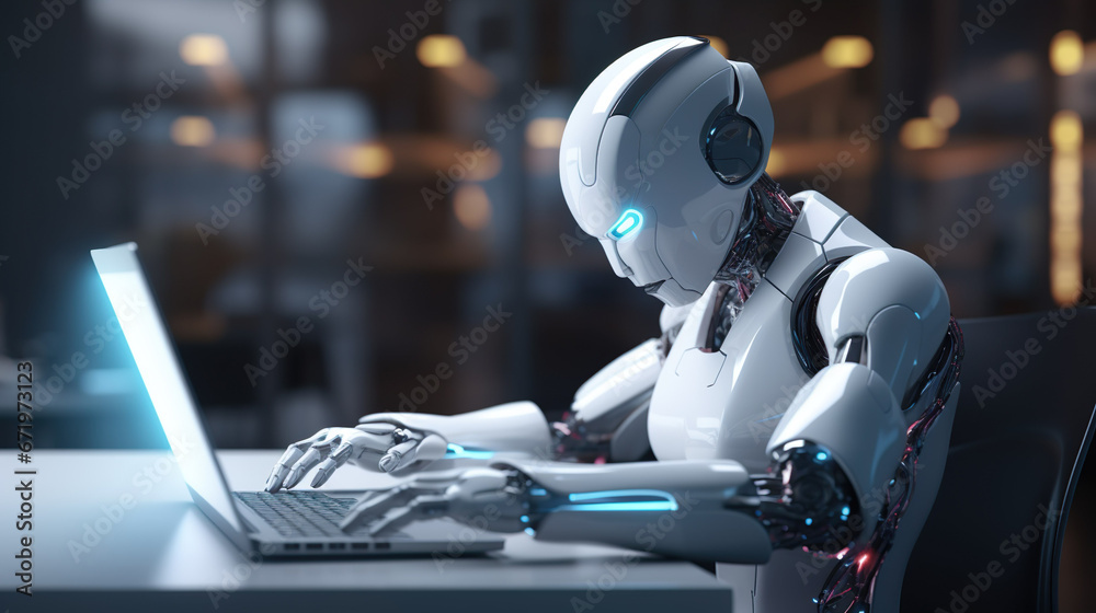 Beautiful white robot AI with laptop typing at table Soft edges and atmospheric effects light indigo and light bronze and deep blue. Beautiful white robot AI with laptop typing at table Soft edges and atmospheric effects light indigo and light bronze and deep blue.