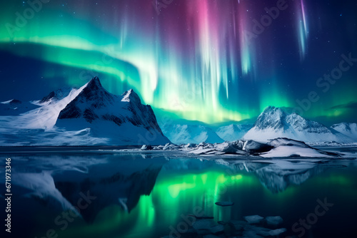 Northern lights on the background of a mountains forest, a beautiful landscape of the north pole. Bright image © Uliana