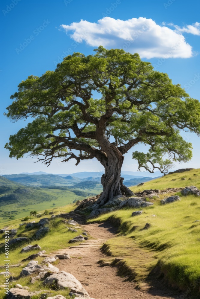 Majestic oak tree on a hill against a clear blue sky, Generative AI