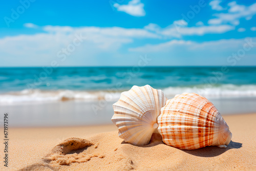 Two seashells on a beach with a blue sky in the background. Relaxation on a beach. Bright image