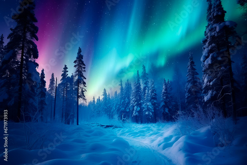 Northern lights on the background of a snowy forest, a beautiful landscape of the north pole. Bright image © Uliana