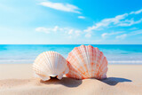 Two seashells on a beach with a blue sky in the background. Relaxation on a beach. Bright image