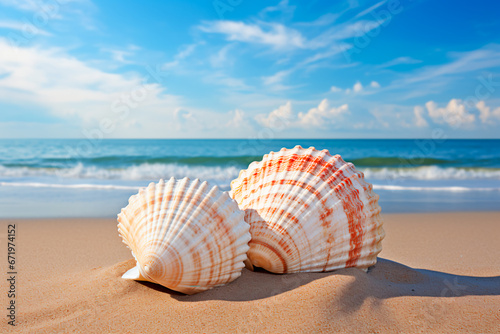 Two seashells on a beach with a blue sky in the background. Relaxation on a beach. Bright image