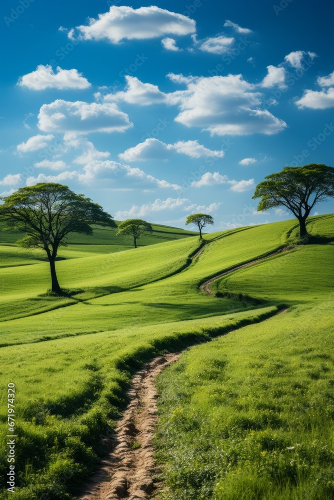  Serene hillside with rows of trees under a clear blue sky, Generative AI