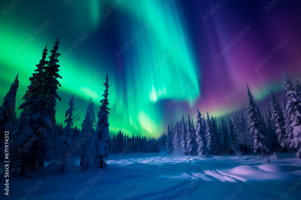 Northern lights on the background of a snowy forest, a beautiful landscape of the north pole. Bright image Northern lights on the background of a snowy forest, a beautiful landscape of the north pole. Bright image