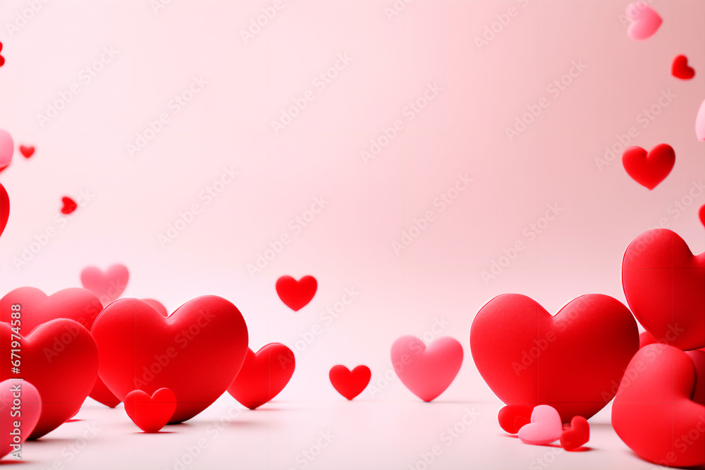 Valentine's day or women's day banner or poster template. Holiday background. Pink background with beautiful red hearts