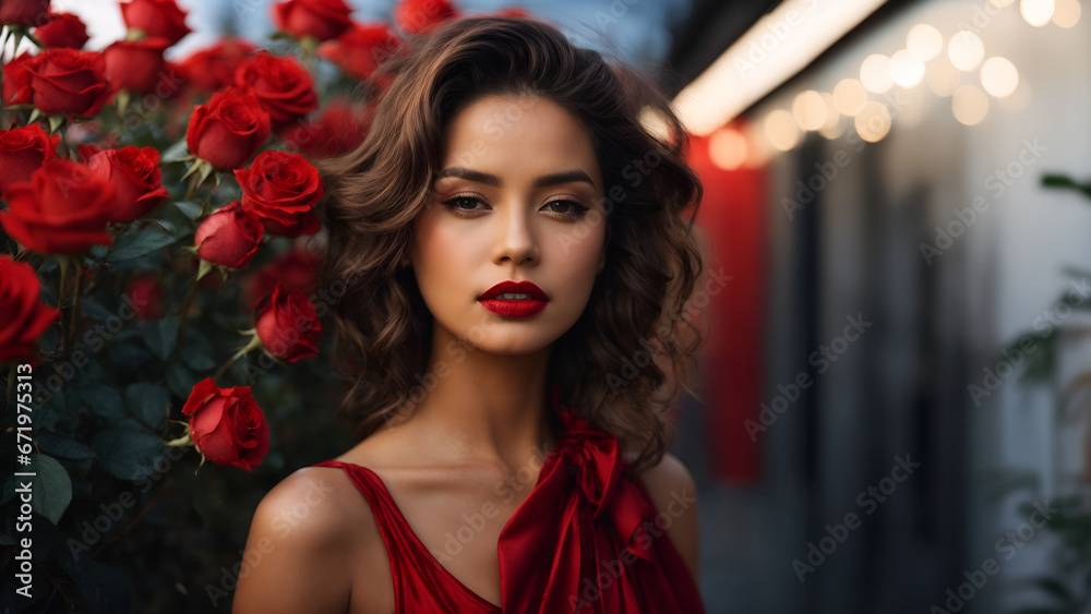Naklejka premium Beautiful young woman with red lips holding a red rose sky background.