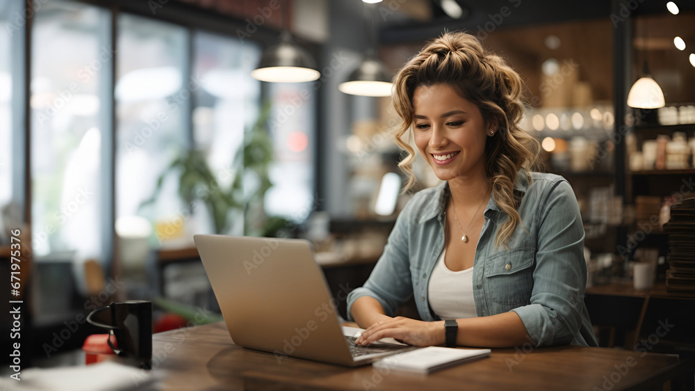 Happy female business owner paying bills at laptop in shop, look at camera Happy female business owner paying bills at laptop in shop, look at camera