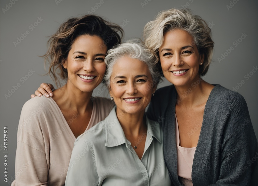 three generation of positive women smiling while looking at camera and hugging isolated on grey three generation of positive women smiling while looking at camera and hugging isolated on grey